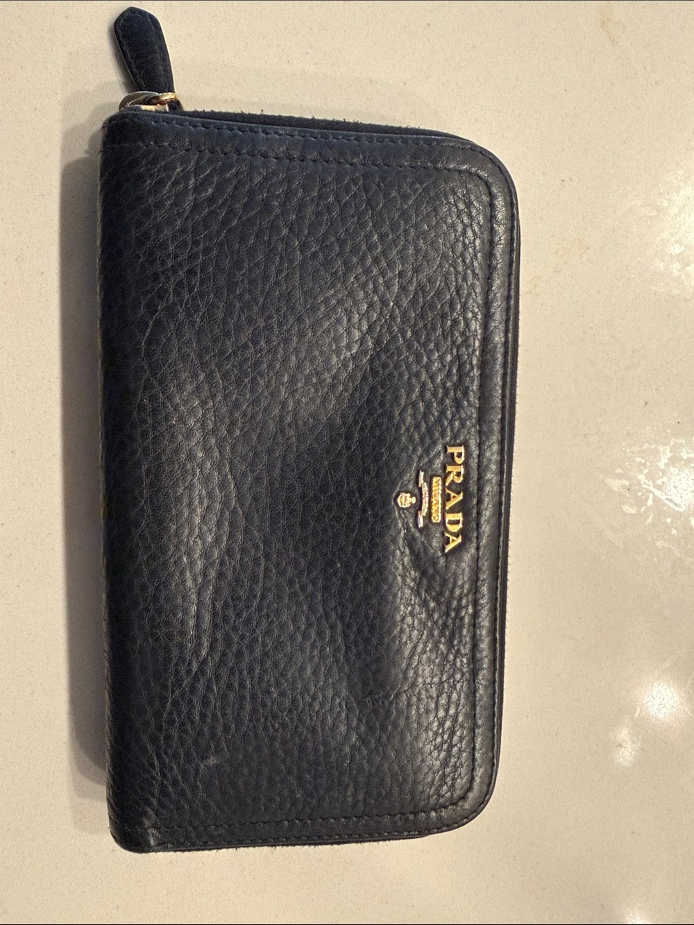 Prada Black Pebbled Leather Zip Wallet with Gold Logo